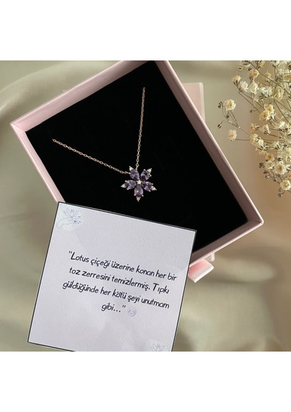 925 Ayar Gümüş Rose Mor Taşlı Lotus Çiçeği Kolye – Kadın Minimalist Zarif Takı
