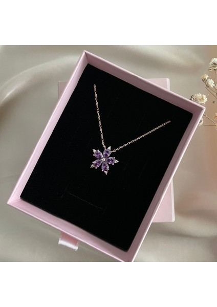 925 Ayar Gümüş Rose Mor Taşlı Lotus Çiçeği Kolye – Kadın Minimalist Zarif Takı fiyatları