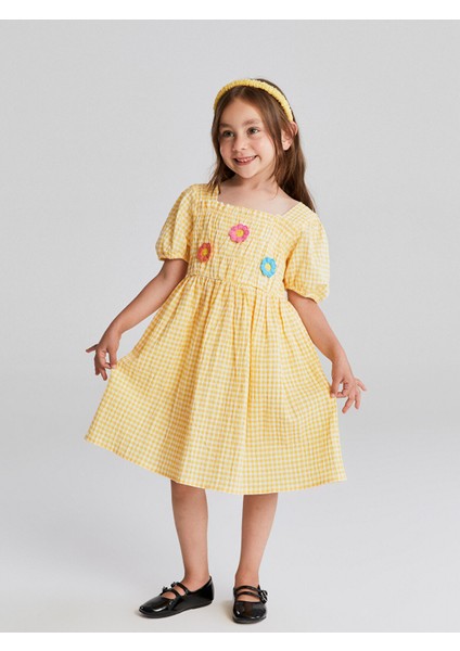 Yeni Sezon Kare Yaka Kısa Kollu Ekose Desenli Kız Bebek Elbise