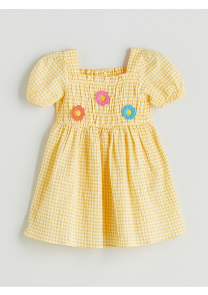 Yeni Sezon Kare Yaka Kısa Kollu Ekose Desenli Kız Bebek Elbise modelleri