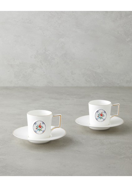 Charmed Bloom Porselen 4 Parça 2 Kişilik Double Kahve Fincan Takımı 155 ml Beyaz-Gold