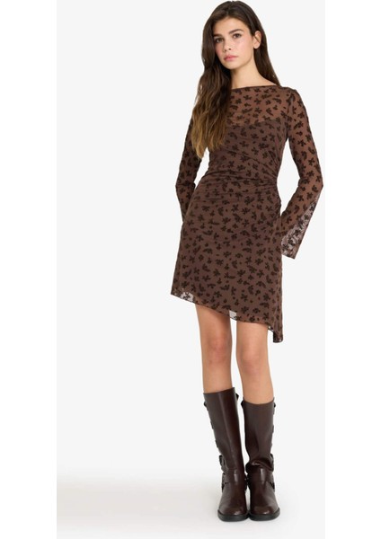 Kayık Yaka Dantel Detaylı Tül Uzun Kollu Mini Elbise G5958AX25WN