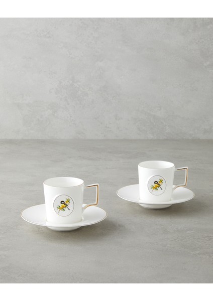 Charmed Dream Porselen 4 Parça 2 Kişilik Double Kahve Fincan Takımı 155 ml Beyaz-Gold