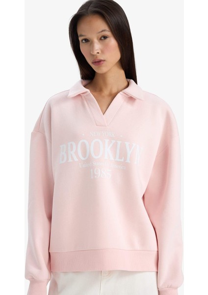 Relax Fit Polo Yaka Baskılı Kalın Sweatshirt
