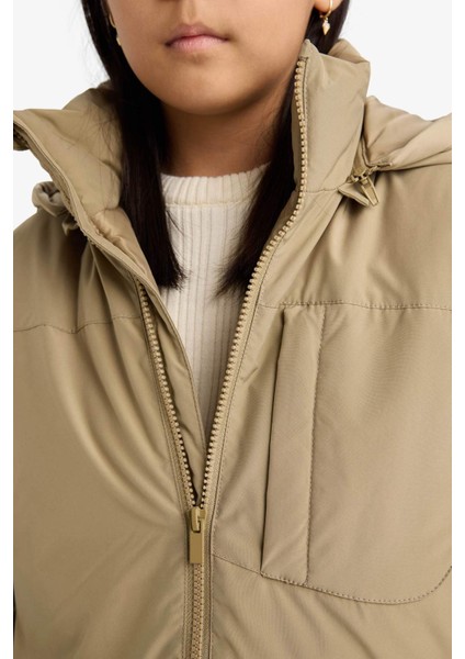 Kız Çocuk Çıkarılabilir Suni Kürk Yaka Kapüşonlu Parka