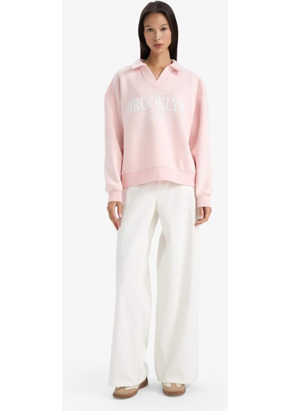 Relax Fit Polo Yaka Baskılı Kalın Sweatshirt fiyatları