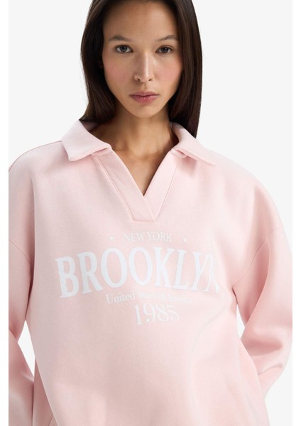 Relax Fit Polo Yaka Baskılı Kalın Sweatshirt modelleri