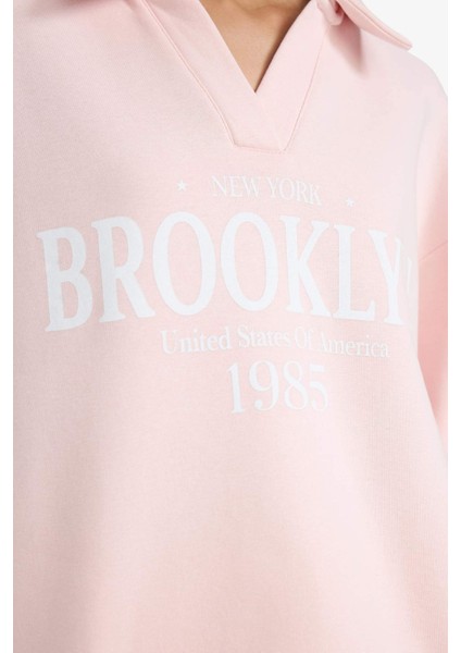 Relax Fit Polo Yaka Baskılı Kalın Sweatshirt fırsatları