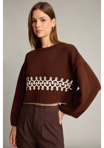 Crop Bisiklet Yaka Nakışlı Triko Kazak G6303AX25WN