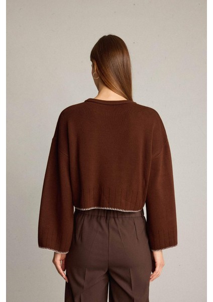 Crop Bisiklet Yaka Nakışlı Triko Kazak G6303AX25WN