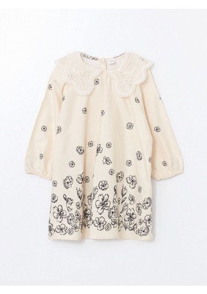 Yeni Sezon Bebe Yaka Uzun Kollu Çiçekli Kız Elbise
