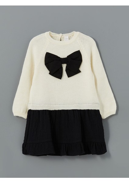 Yeni Sezon Bisiklet Yaka Triko Kurdele Detaylı Kız Bebek Elbise