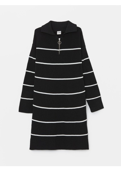 Yeni Sezon Polo Yaka Çizgili Uzun Kollu Kız Çocuk Triko Elbise