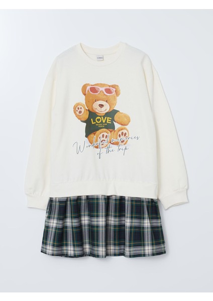 Yeni Sezon Bisiklet Yaka Ayı Teddy Baskılı Kız Çocuk Elbise