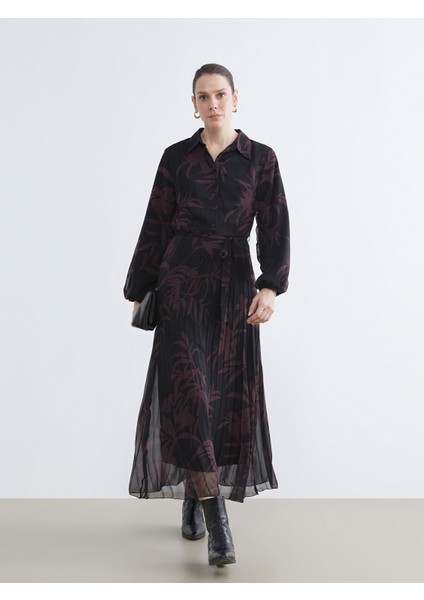 Yeni Sezon Gömlek Yaka Çiçekli Pileli Şifon Elbise