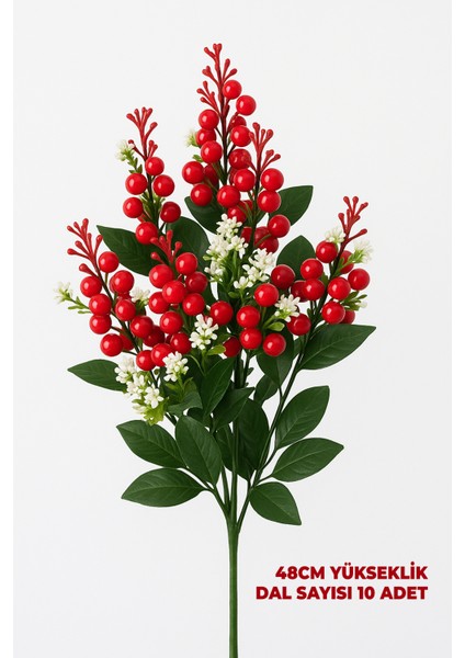 10 Dallı Kokina Çiçeği - Ekstra Gerçekçi - Tek Sap 10 Dal Yoğun Yaprak Çiçek ve Beyaz Çiçek 48 cm