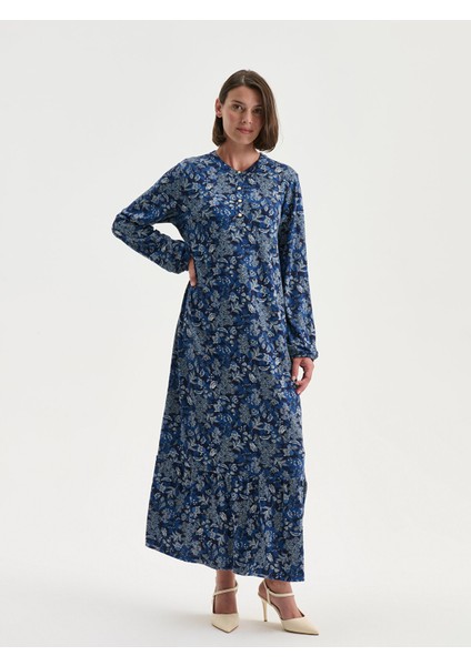 Yeni Sezon Büyük Beden Bisiklet Yaka Çiçekli A Kesim Elbise