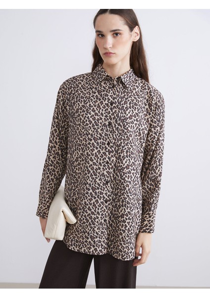Yeni Sezon Modal Karışımlı Leopar Desenli Kadın Gömlek Tunik