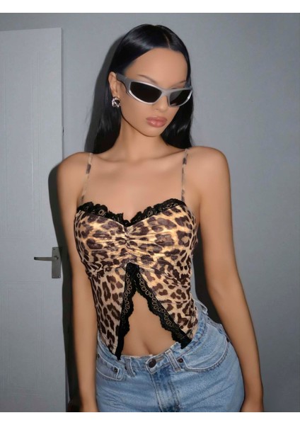 Kadın Leopar Desenli Crop Önden Dantel Detaylı 5095