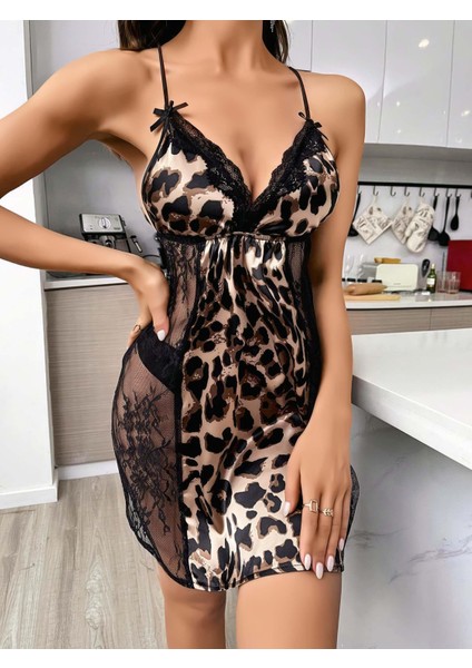 Kadın Siyah Dantel Detaylı Leopar Saten Gecelik 2223 fiyatları