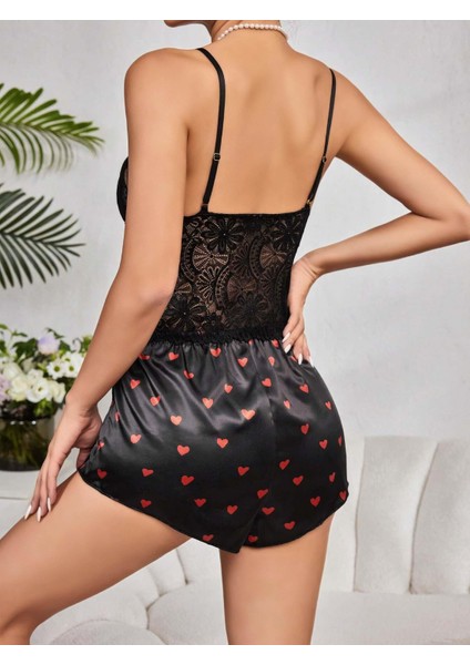 Kadın Siyah Kırmızı Kalp Desenli Saten Şort Pijama Takımı 2232 fiyatları