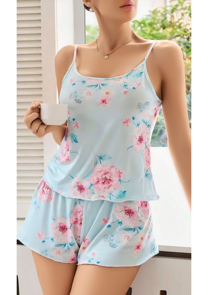 Kadın Bebek Mavisi Çiçek Desenli Askılı Şortlu Pijama Takım 5011 fiyatları