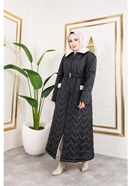 Kadın Kapitone Mont Siyah Renkli Kürklü Yaka ve Cepli Tasarım fırsatları