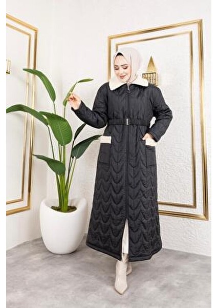 Kadın Kapitone Mont Siyah Renkli Kürklü Yaka ve Cepli Tasarım indirimleri