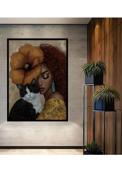 Çerçeve Görünümlü Çiçekli Kadın ve Kedi Dekoratif Ahşap Mdf Ev Duvar Tablo Dikdörtgen Ev Duvar Tablo