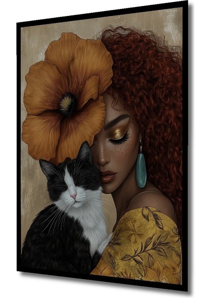 Çerçeve Görünümlü Çiçekli Kadın ve Kedi Dekoratif Ahşap Mdf Ev Duvar Tablo Dikdörtgen Ev Duvar Tablo fiyatları