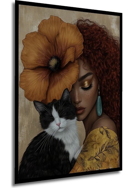 Çerçeve Görünümlü Çiçekli Kadın ve Kedi Dekoratif Ahşap Mdf Ev Duvar Tablo Dikdörtgen Ev Duvar Tablo modelleri
