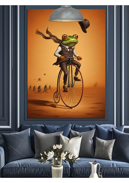 Bisiklet Süren Komik Kurbağa Adam Dekoratif Kanvas - Mdf Ahşap Tablo