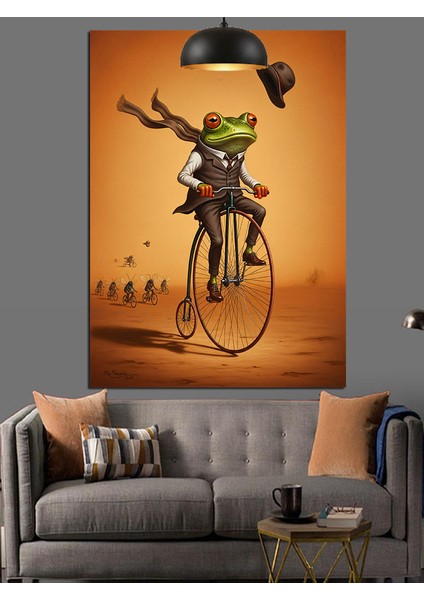 Bisiklet Süren Komik Kurbağa Adam Dekoratif Kanvas - Mdf Ahşap Tablo fiyatları