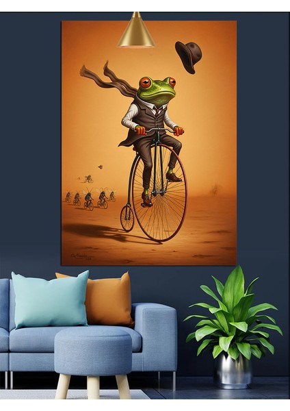 Bisiklet Süren Komik Kurbağa Adam Dekoratif Kanvas - Mdf Ahşap Tablo modelleri