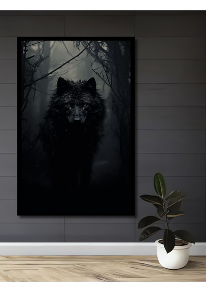 Çerçeve Görünümlü Karanlık Orman Kurt Ahşap Mdf Dekoratif Ev Duvar Tablo Dikdörtgen Ev Duvar Tablo