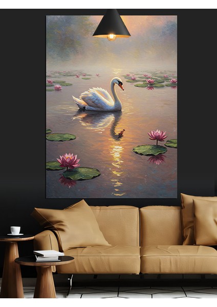 Kuğu Gölde Gün Batımı Pembe Lotus Nilüfer Dekoratif Kanvas - Mdf Ahşap Tablo