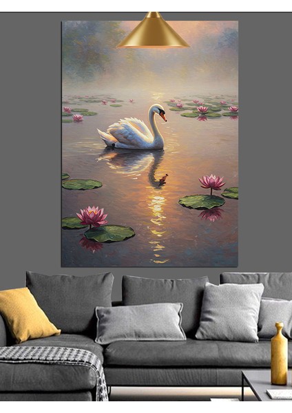 Kuğu Gölde Gün Batımı Pembe Lotus Nilüfer Dekoratif Kanvas - Mdf Ahşap Tablo fiyatları