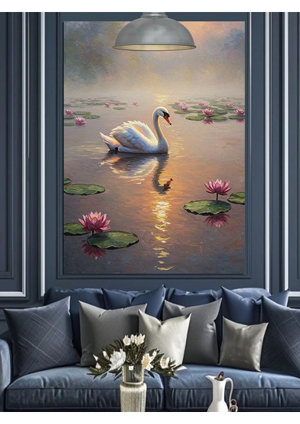 Kuğu Gölde Gün Batımı Pembe Lotus Nilüfer Dekoratif Kanvas - Mdf Ahşap Tablo modelleri