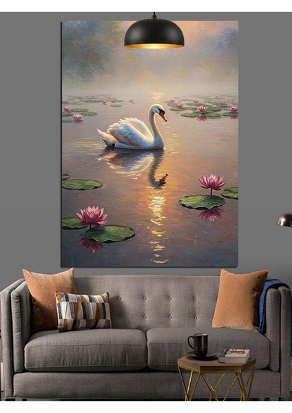 Kuğu Gölde Gün Batımı Pembe Lotus Nilüfer Dekoratif Kanvas - Mdf Ahşap Tablo fırsatları