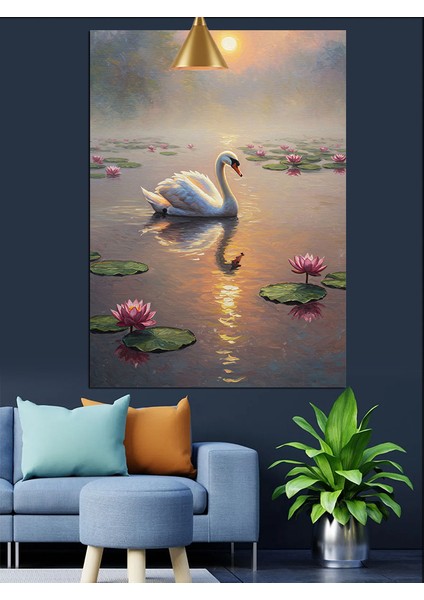 Kuğu Gölde Gün Batımı Pembe Lotus Nilüfer Dekoratif Kanvas - Mdf Ahşap Tablo indirimleri