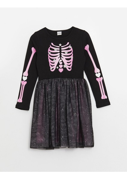 Yeni Sezon Bisiklet Yaka Baskılı Uzun Kollu Kız Çocuk Elbise