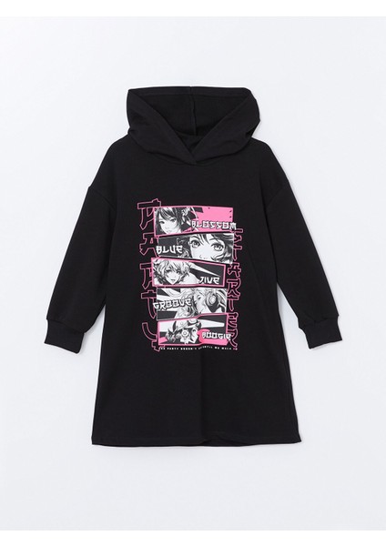 Yeni Sezon Kapüşonlu Baskılı Uzun Kollu Kız Çocuk Elbise