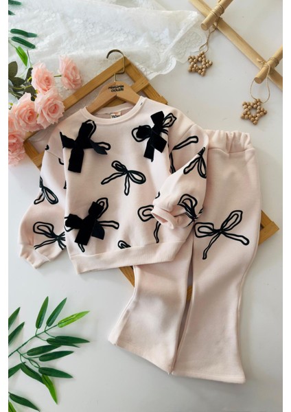 Fiyonk Kadife Detaylı Kışlık Kız Çocuk 2 Li Takım - Pudra