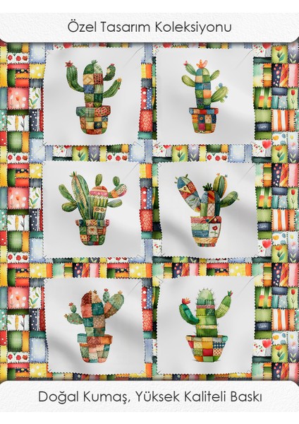 Kaktüs Desenli Patchwork Kumaş - 6 Adet 25X25 cm Kupon + Panel - %100 Pamuk Türk Saten Kalitesi fiyatları
