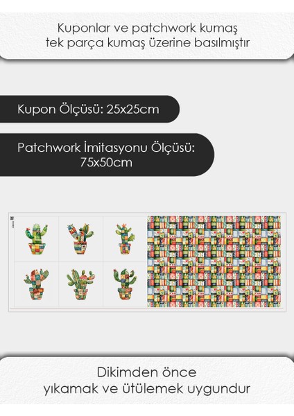 Kaktüs Desenli Patchwork Kumaş - 6 Adet 25X25 cm Kupon + Panel - %100 Pamuk Türk Saten Kalitesi