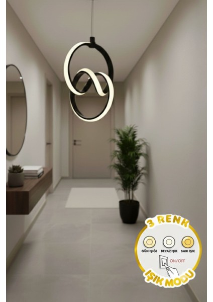 Orko Siyah Kasa 3 Renk Işıklı LED Avize (Kumandasız)