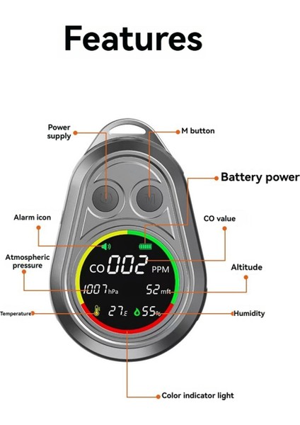 Taşınabir Elektrokimyasal Karbon Monoksit Dedektörü Co Izleyin Açık Kamp Co Tespit Alarmı (Yurt Dışından)