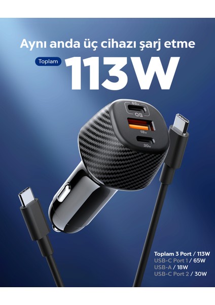 113W USB-C + USB-A 3 Port Araç içi Hızlı Şarj Aleti + 1 Metre 100W E-Mark Şarj Kablosu / PPS 2.0 Desteği Akım Korumalı Güç Adaptörü Çakmaklık iPhone & Android & iPad & MacBook EV1133 - ACP09543 indirimleri