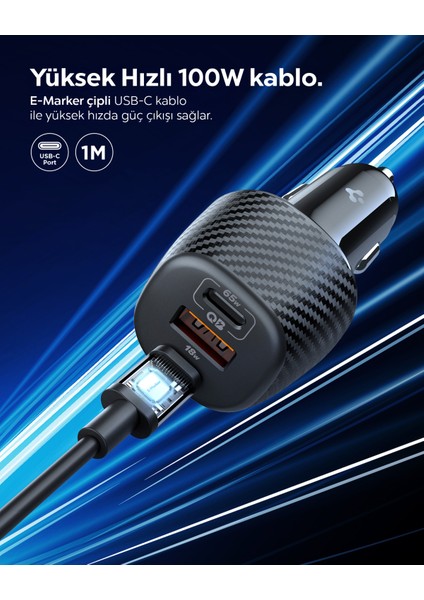 113W USB-C + USB-A 3 Port Araç içi Hızlı Şarj Aleti + 1 Metre 100W E-Mark Şarj Kablosu / PPS 2.0 Desteği Akım Korumalı Güç Adaptörü Çakmaklık iPhone & Android & iPad & MacBook EV1133 - ACP09543