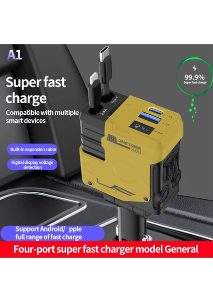 Cep Telefonu Için Tüm Modeller Için Uygun Geri Çekilebir 120W Araba Şarj Cihazı Dört Bağlantı Noktalı Süper Hızlı Şarj Cihazı (Yurt Dışından) fiyatları